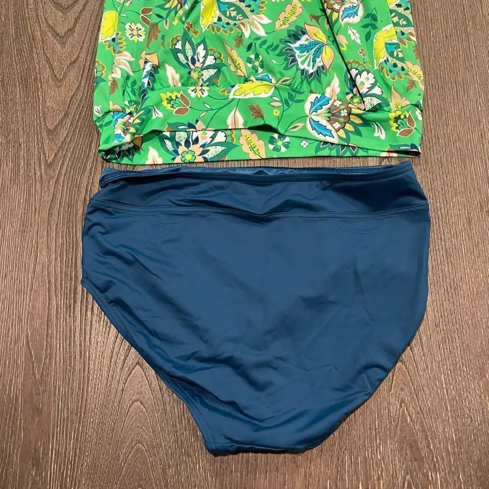 Lands End Bathing Suit Tankini Floral Tank Padded Green Navy Blue Size 4/6
